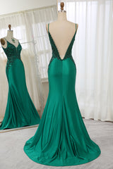 Dark Green Spaghetti Straps Mermaid Satin Corset Prom Dress With Appliques Gowns, Formal Dresses Over 61