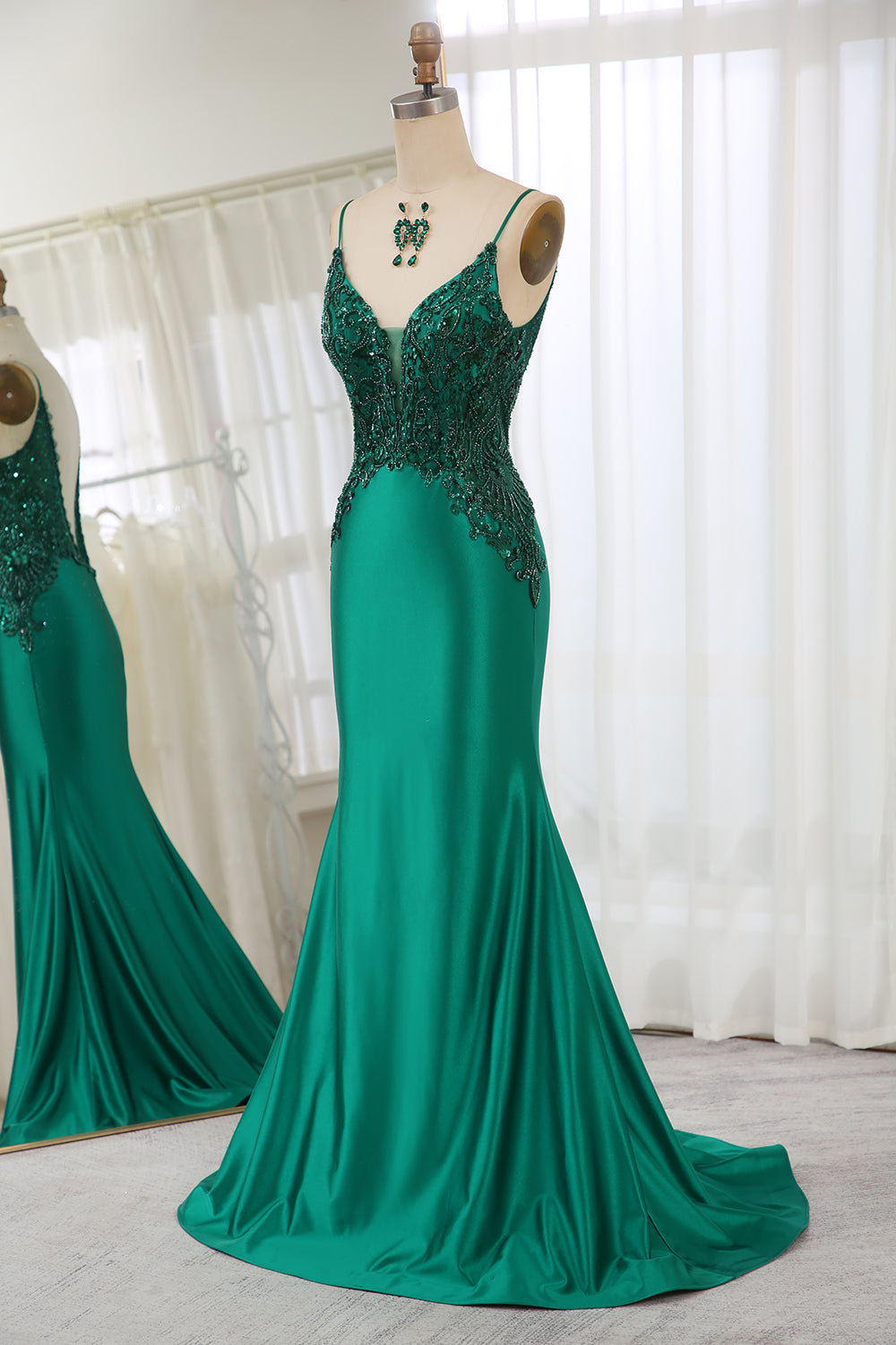 Dark Green Spaghetti Straps Mermaid Satin Corset Prom Dress With Appliques Gowns, Formal Dresses Midi
