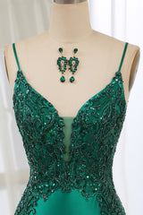 Dark Green Spaghetti Straps Mermaid Satin Corset Prom Dress With Appliques Gowns, Formal Dresses For Winter Wedding