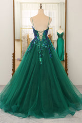Glitter Dark Green A-Line Tulle Spaghetti Straps Long Corset Prom Dress With Sequin Gowns, Dress Short
