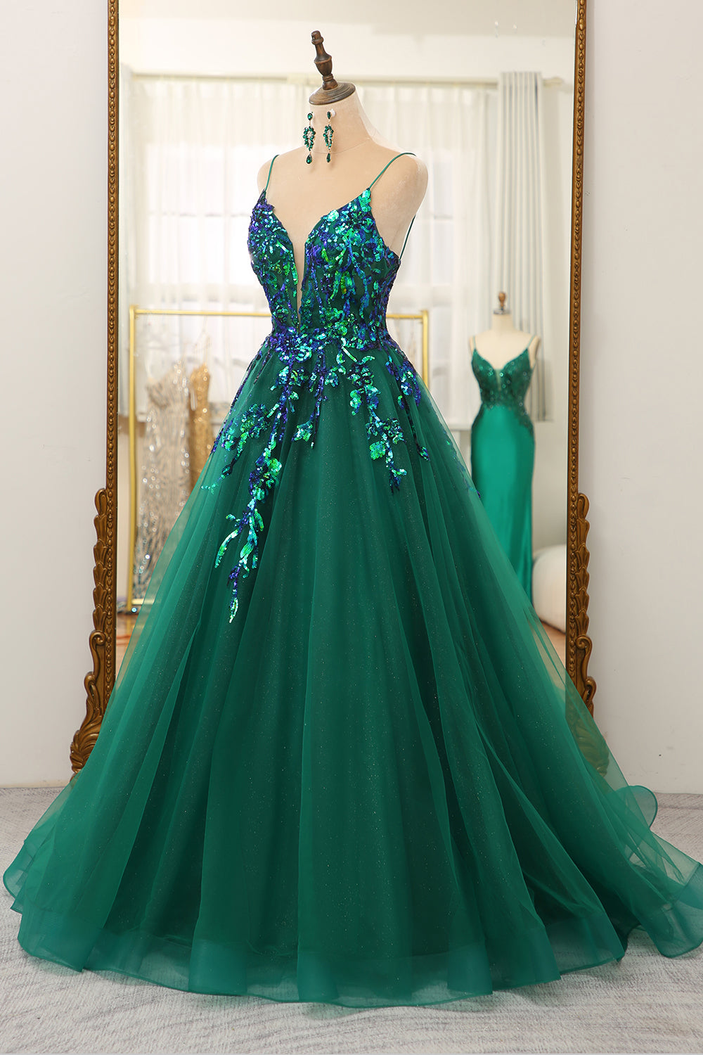 Glitter Dark Green A-Line Tulle Spaghetti Straps Long Corset Prom Dress With Sequin Gowns, Maxi Dress Outfit