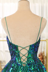 Glitter Dark Green A-Line Tulle Spaghetti Straps Long Corset Prom Dress With Sequin Gowns, Gorgeou Dress