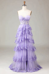Glitter Purple A-Line Sweetheart Long Tiered Corset Prom Dress With Slit Gowns, Wedding Party Dress