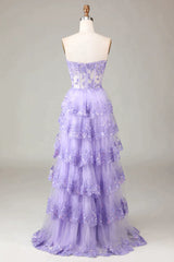 Glitter Purple A-Line Sweetheart Long Tiered Corset Prom Dress With Slit Gowns, Semi Dress