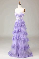 Glitter Purple A-Line Sweetheart Long Tiered Corset Prom Dress With Slit Gowns, Evening Dresses Long