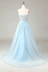 Luxurious Glitter Light Blue Long Corset Corset Prom Dress With Sweep Train outfits, Homecomming Dress Long