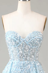 Luxurious Glitter Light Blue Long Corset Corset Prom Dress With Sweep Train outfits, Homecoming Dresses 2044