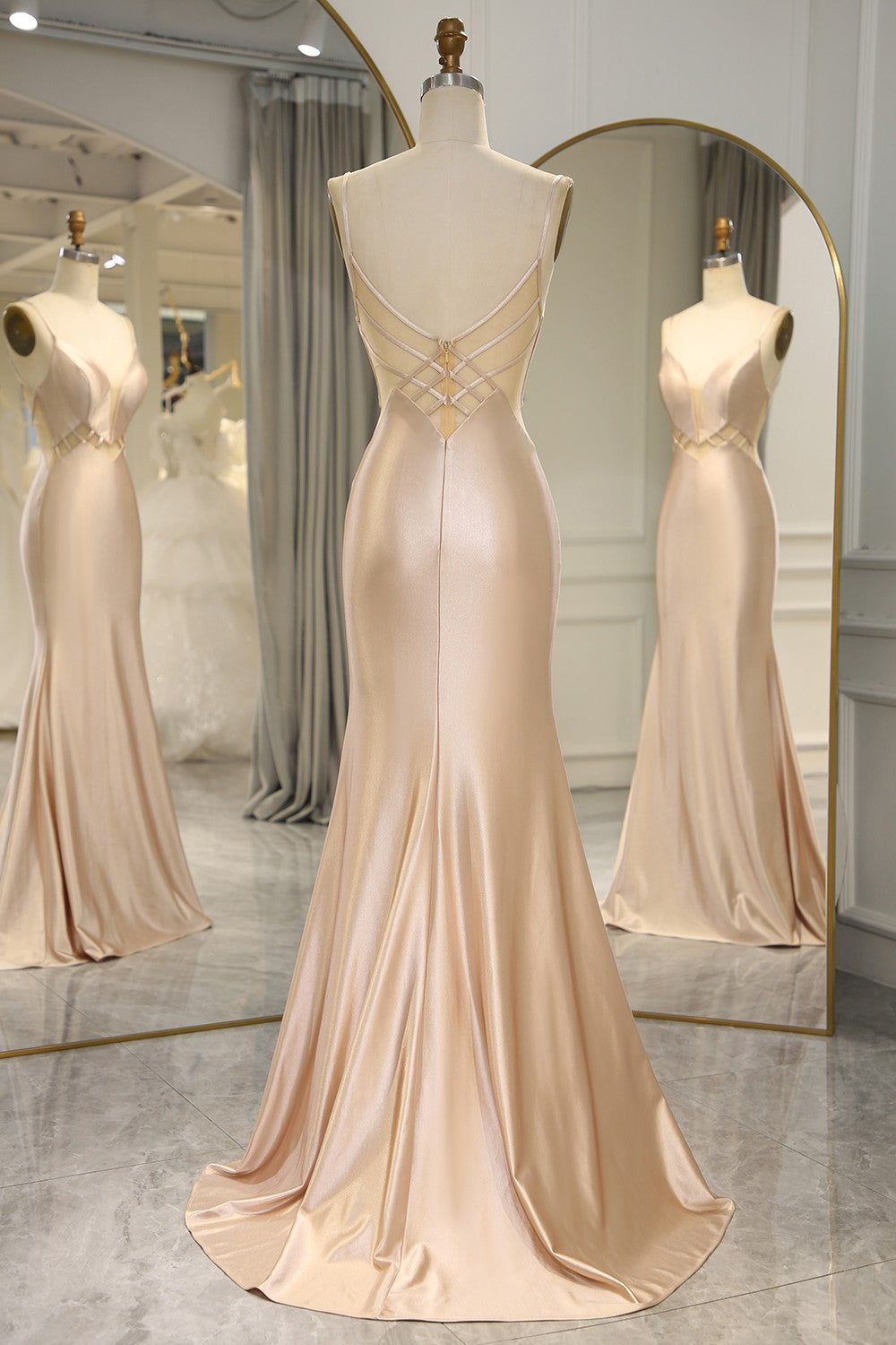 Simple Champagne Spaghetti Straps Long Mermaid Satin Corset Prom Dress outfits, Prom Dresses For Girls