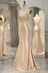 Simple Champagne Spaghetti Straps Long Mermaid Satin Corset Prom Dress outfits, Prom Dresses For Girl