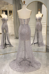 Sparkly Grey Strapless Long Mermaid Corset Prom Dress With Feather And Split outfit, Prom Dresses Blush