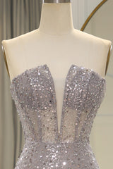Sparkly Grey Strapless Long Mermaid Corset Prom Dress With Feather And Split outfit, Prom Dresses Ballgown