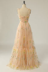 Champagne Embroidery Long Corset Prom Dress outfits, Beauty Dress