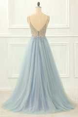 Gorgeous Tulle A-line Spaghetti Straps Long Corset Prom Dress with Beading outfit, Evening Dress For Wedding
