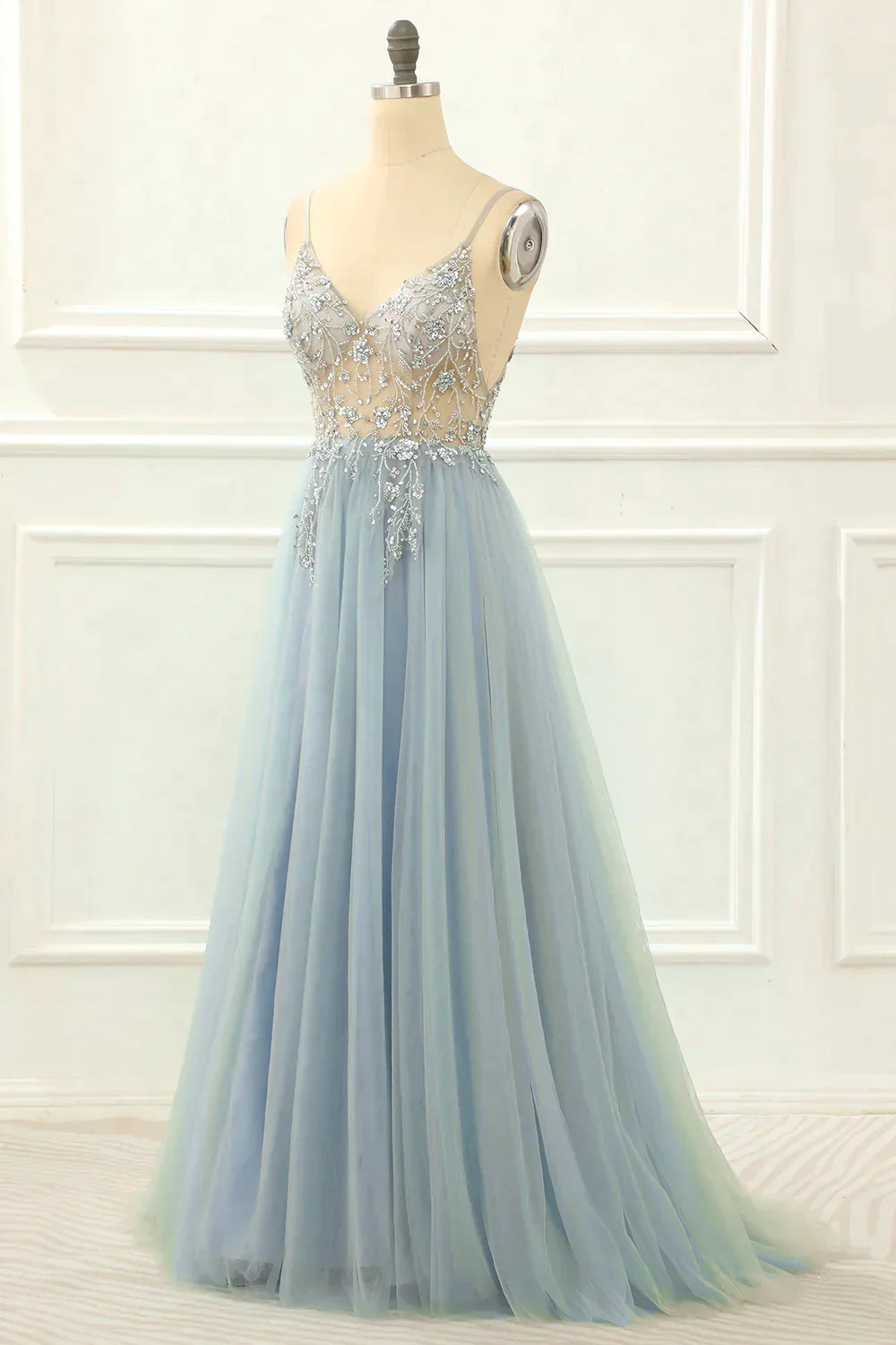 Gorgeous Tulle A-line Spaghetti Straps Long Corset Prom Dress with Beading outfit, Evening Dress For Weddings