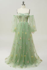 Green Off The Shoulder Long Sleeves A-Line Corset Prom Dress outfits, Party Dress Winter
