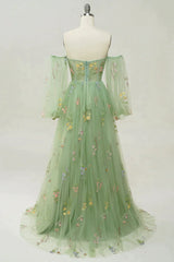 Green Off The Shoulder Long Sleeves A-Line Corset Prom Dress With Embroidery Gowns, Evening Dresses Long Elegant
