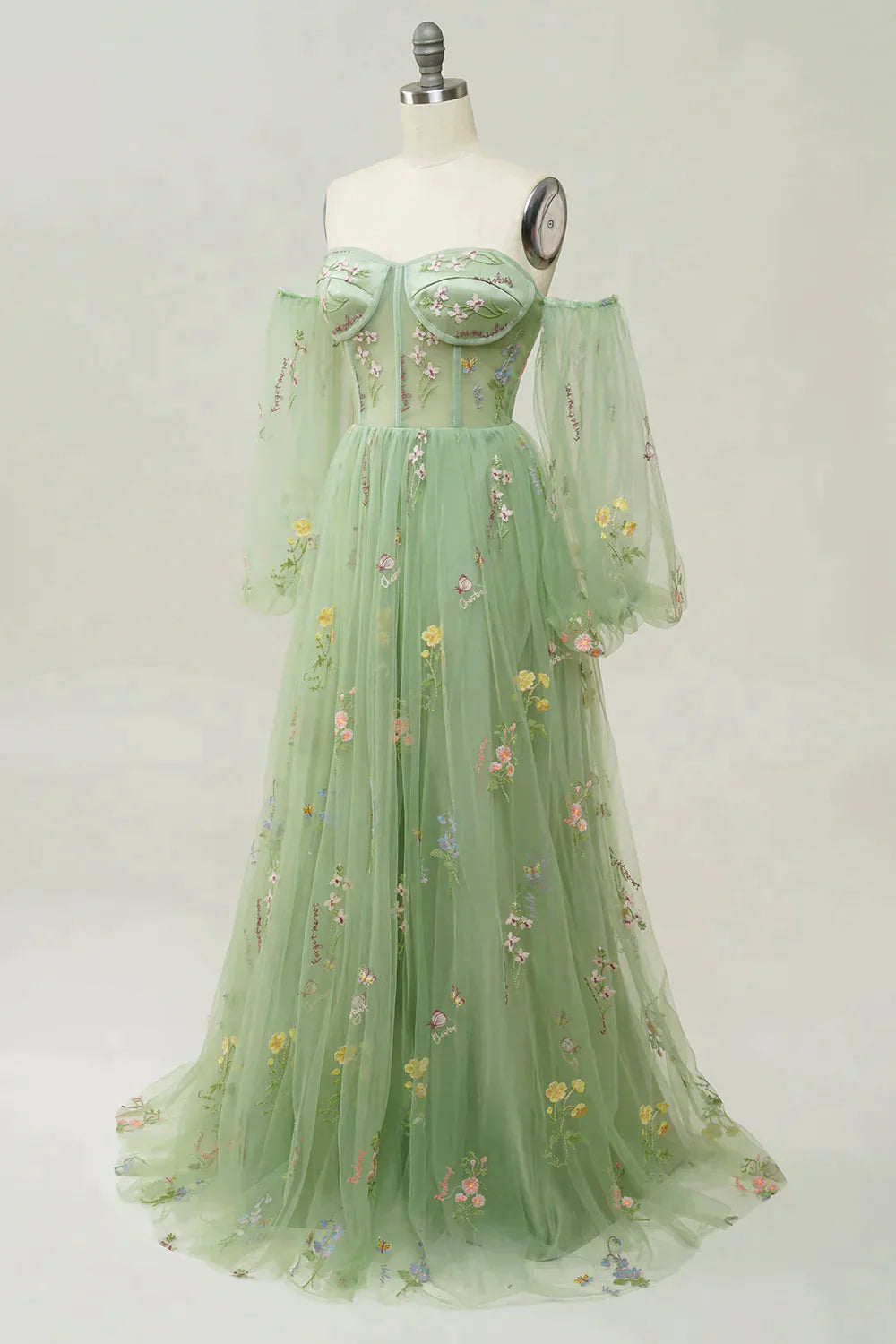 Green Off The Shoulder Long Sleeves A-Line Corset Prom Dress With Embroidery Gowns, Evening Dress Long Elegant