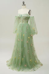 Green Off The Shoulder Long Sleeves A-Line Corset Prom Dress outfits, Party Dresses Australia