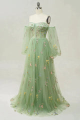 Green Off The Shoulder Long Sleeves A-Line Corset Prom Dress With Embroidery Gowns, Evening Dress Long Elegant