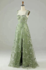 Stunning A-Line Long Tulle Corset Prom Dress with Split And 3D Butterflies outfit, Prom Dresses Glitter