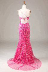 Sparkly Fuchsia Mermaid Spaghetti Straps Long Beaded Corset Prom Dress With Slit Gowns, Prom Dressed Short