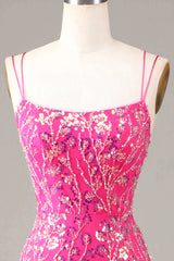 Sparkly Fuchsia Mermaid Spaghetti Straps Long Beaded Corset Prom Dress With Slit Gowns, Prom Dresses Chiffon