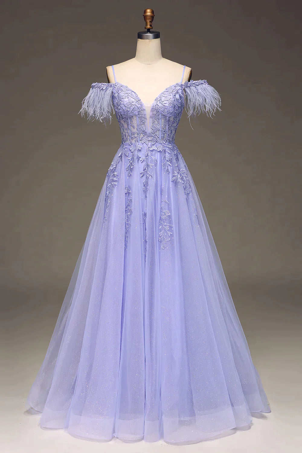 Lilac A Line Feather Off The Shoulder Long Tulle Corset Prom Dress With Appliques Gowns, Long Dress Design