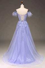 Lilac A Line Feather Off The Shoulder Long Tulle Corset Prom Dress With Appliques Gowns, Homecoming Dresses Long