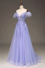 Lilac A Line Feather Off The Shoulder Long Tulle Corset Prom Dress With Appliques Gowns, Homecoming Dress Short