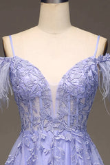 Lilac A Line Feather Off The Shoulder Long Tulle Corset Prom Dress With Appliques Gowns, Homecoming Dresses Short