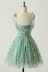 Green Spaghetti Straps Short Corset Homecoming Dress with Embroidery Gowns, Bridesmaids Dress With Sleeves