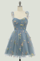 Grey Blue Spaghetti Straps Short Corset Homecoming Dress with Embroidery Gowns, Bridesmaids Dress Pink