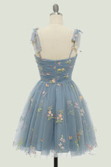 Grey Blue Spaghetti Straps Short Corset Homecoming Dress with Embroidery Gowns, Bridesmaids Dresses Pink