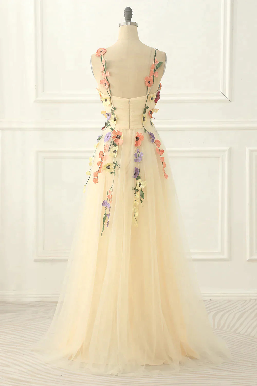 A Line Champagne Spaghetti Straps Long Tulle Corset Prom Dress With Embroidery Gowns, Bodycon Dress