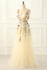 A Line Champagne Spaghetti Straps Long Tulle Corset Prom Dress With Embroidery Gowns, Gown Dress