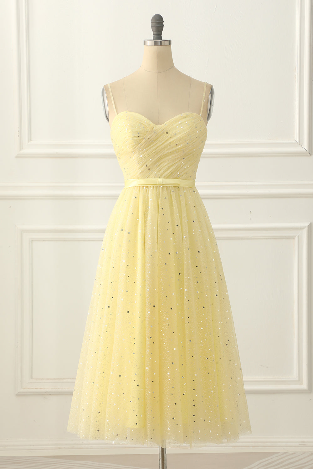 Yellow Tulle Spaghetti Straps Midi Sparkly Corset Prom Dress outfits, Party Dress 2029