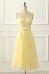 Yellow Tulle Spaghetti Straps Midi Sparkly Corset Prom Dress outfits, Party Dress 2029
