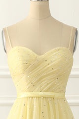 Yellow Tulle Spaghetti Straps Midi Sparkly Corset Prom Dress outfits, Party Dress Quick