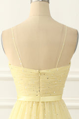 Yellow Tulle Spaghetti Straps Midi Sparkly Corset Prom Dress outfits, Party Dress And Gown