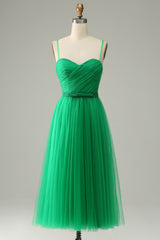 Green Tulle A-line Midi Corset Prom Dress with Ruffles Gowns, Prom Dresses Chicago