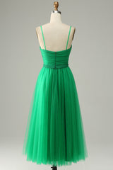 Green Tulle A-line Midi Corset Prom Dress with Ruffles Gowns, Prom Dresses Glitter