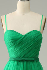 Green Tulle A-line Midi Corset Prom Dress with Ruffles Gowns, Prom Dress Glitter