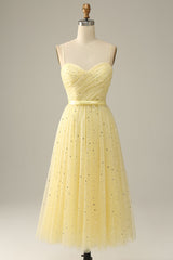 Yellow Spaghetti Straps Tea Length Corset Prom Dress outfits, Prom Dresses Long Mermaid