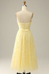 Yellow Spaghetti Straps Tea Length Corset Prom Dress outfits, Prom Dress Purple