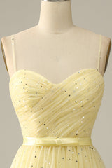 Yellow Spaghetti Straps Tea Length Corset Prom Dress outfits, Prom Dresses For Curvy Figure