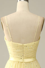 Yellow Spaghetti Straps Tea Length Corset Prom Dress outfits, Prom Dresses For Curvy Figures