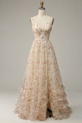 Apricot A Line Print Corset Prom Dress with Slit Gowns, Bridesmaids Dresses Purple