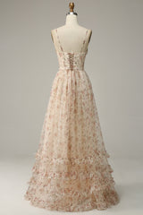 Apricot A Line Print Corset Prom Dress with Slit Gowns, Bridesmaid Dresses Purples