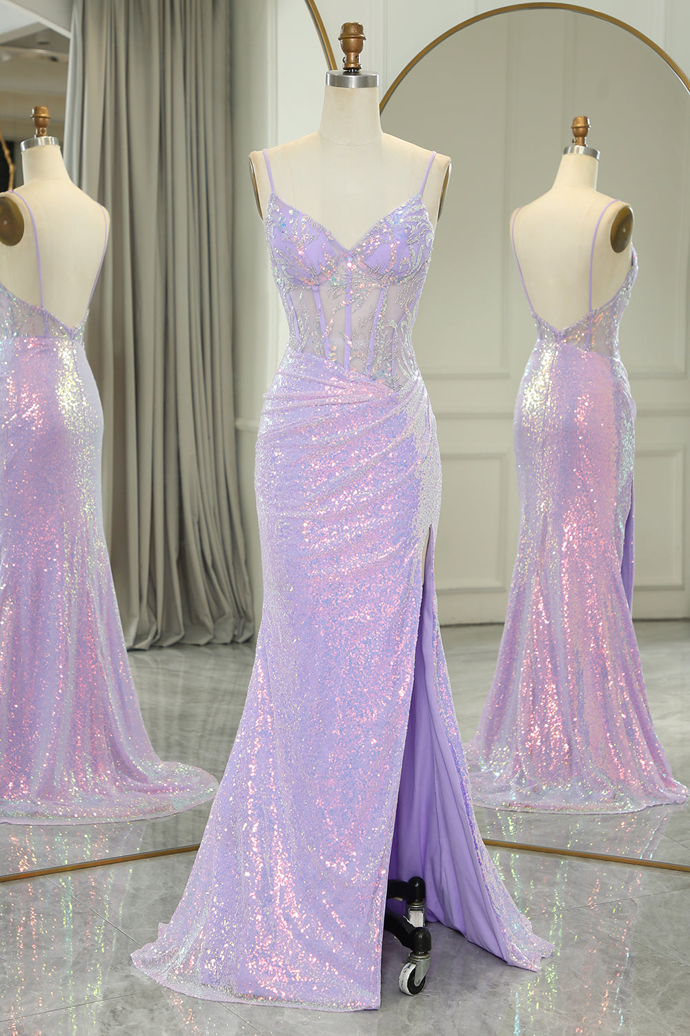 Sparkly Lilac Spaghetti Straps Mermaid Long Backless Corset Prom Dress With Split outfit, Prom Dresses Country