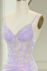 Sparkly Lilac Spaghetti Straps Mermaid Long Backless Corset Prom Dress With Split outfit, Prom Dresses Ball Gown Elegant